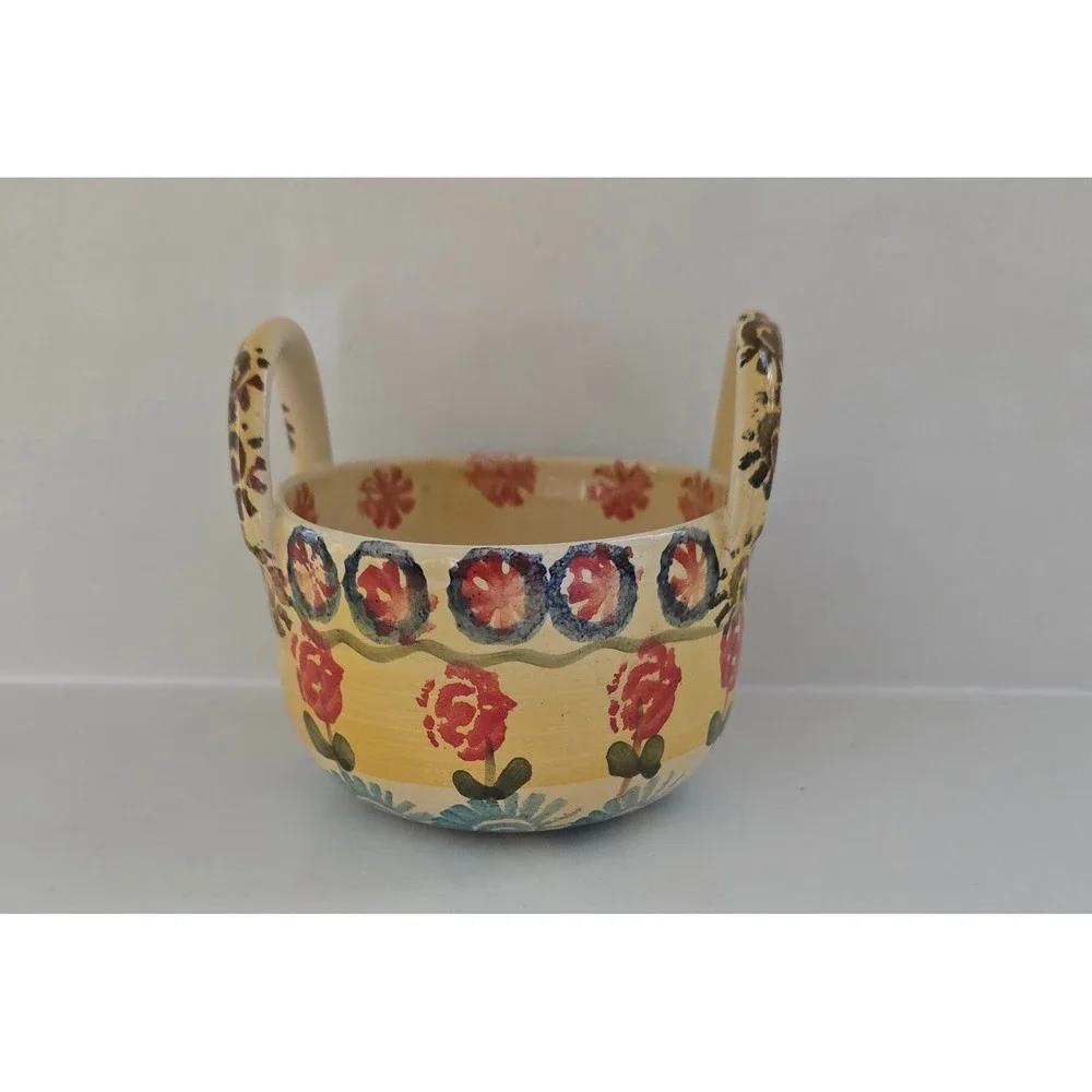 Hand Painted Italian Ceramic Floral Bowl Double Handle Folk Art Pottery Italy
